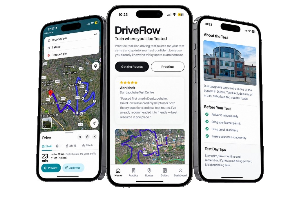 DriveFlow app screens showing driving test routes, practice tools, and test-day guides
